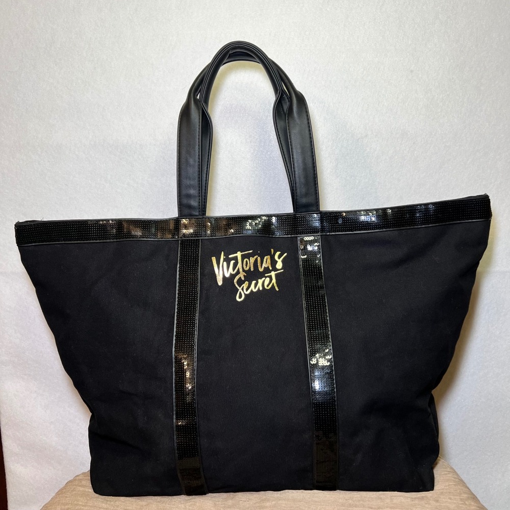 Victoria's Secret Black Canvas Sequin Trim Tote Y2K Nostalgia Travel Beach Bag